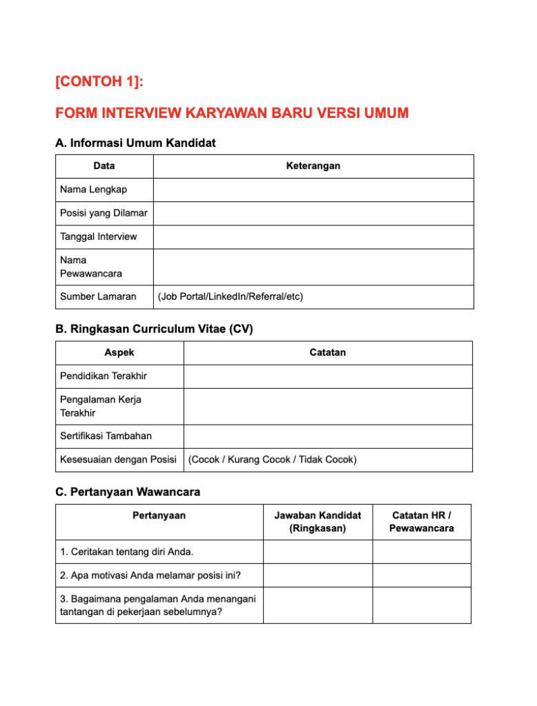Download Contoh Form Interview Karyawan Baru Versi Umum