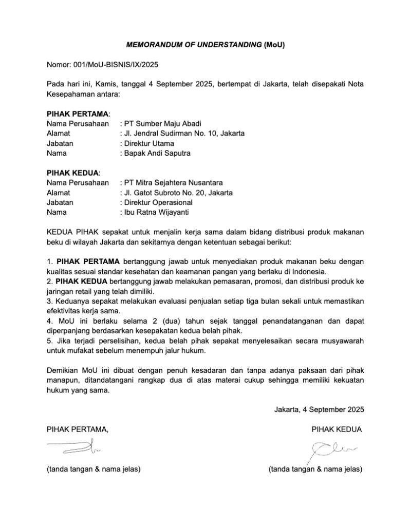 Contoh Surat MoU Kerja Sama Bisnis