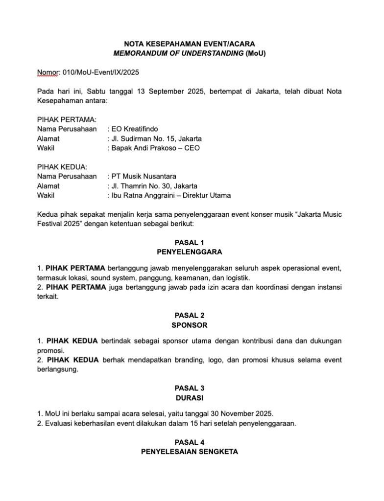 Download Contoh Surat MoU Kerja Sama Event atau Acara
