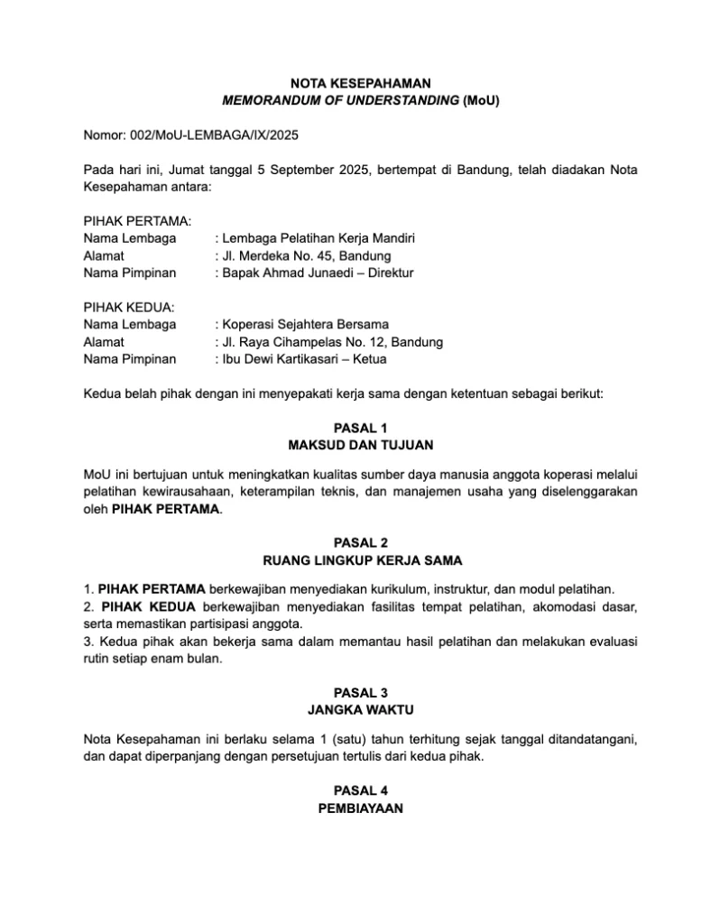 Contoh Surat MoU Kerja Sama Lembaga