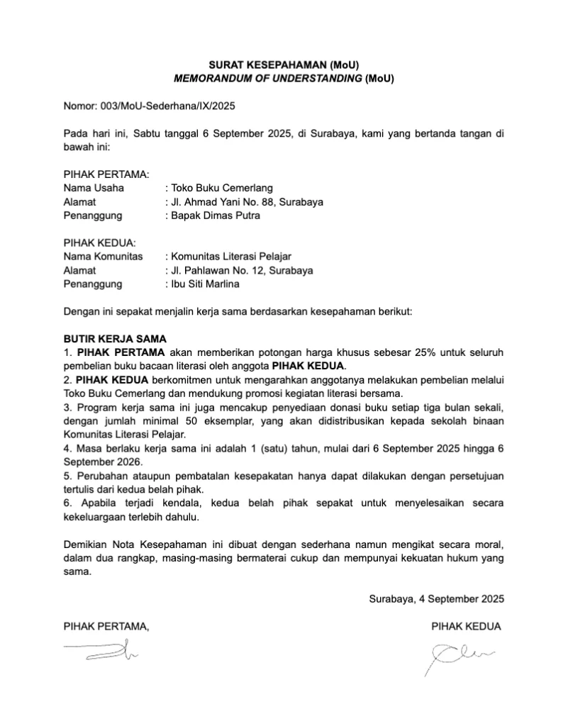 Contoh Surat MoU Kerja Sama Sederhana