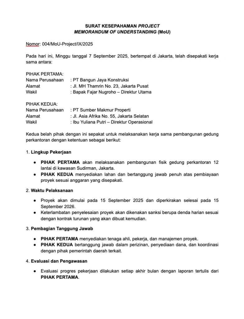 Contoh Surat MoU Kerja Sama Project