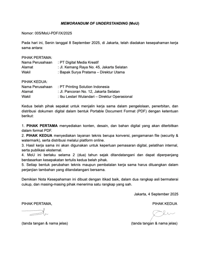 Contoh Surat MoU Kerja Sama PDF