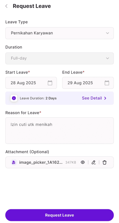 Tampilan Pengajuan Cuti via KantorKu HRIS