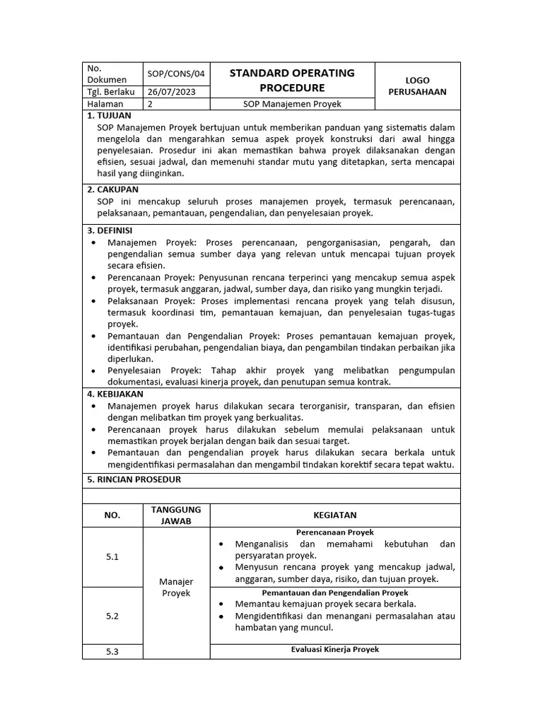 Contoh SOP Perusahaan Jasa Manajemen Proyek