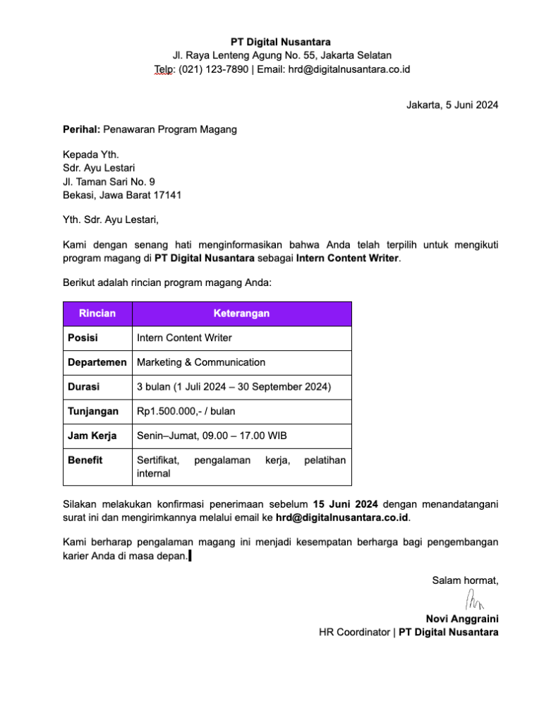 Contoh Offering Letter Magang