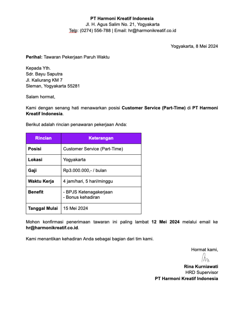 Contoh Offering Letter Part-Time