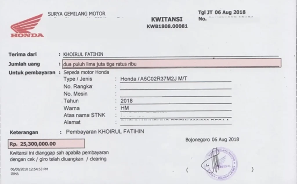 Contoh Kwitansi Jual Beli Motor