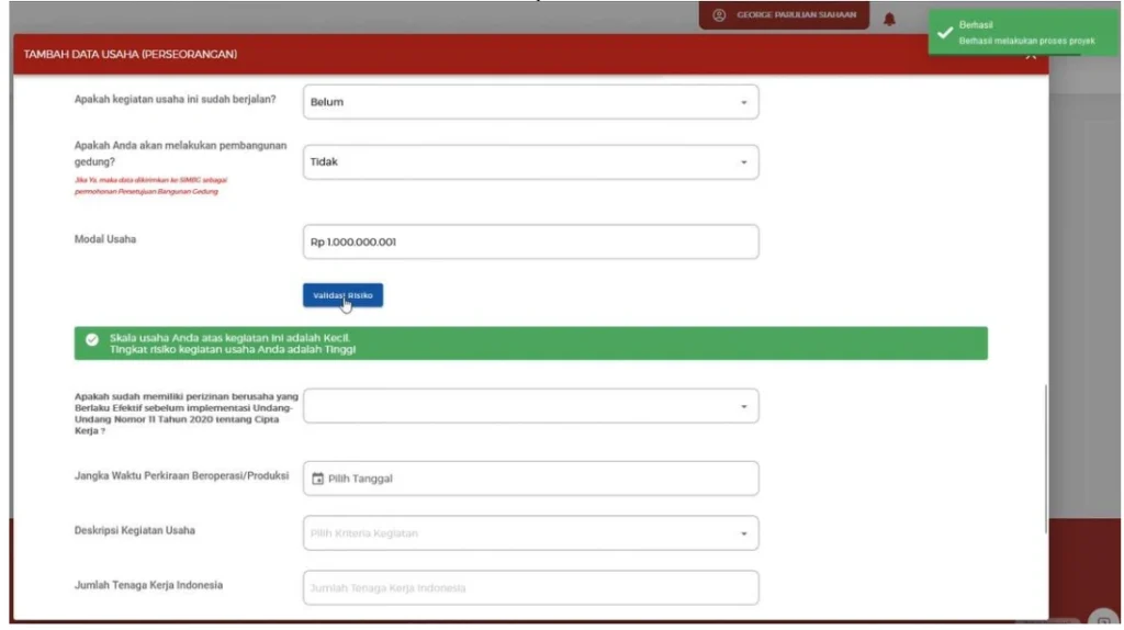 Klik Validasi Risiko