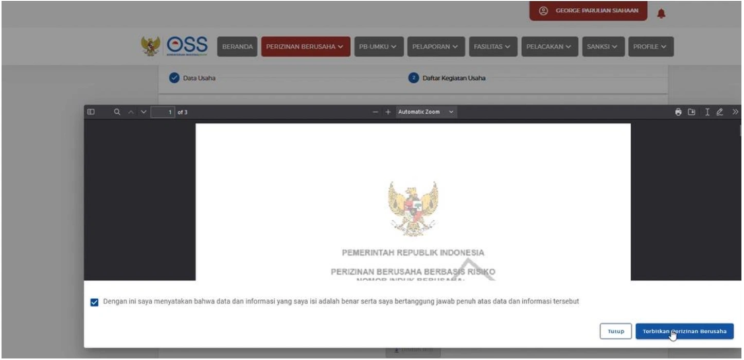 Klik Terbitkan Perizinan Berusaha