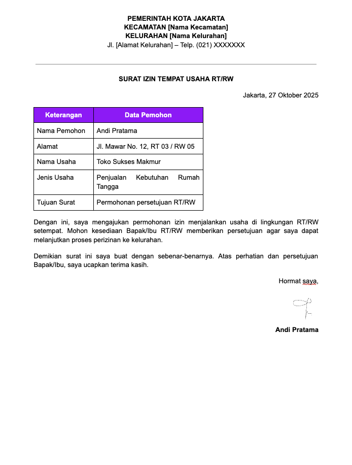 Contoh Surat Izin Tempat Usaha RT RW