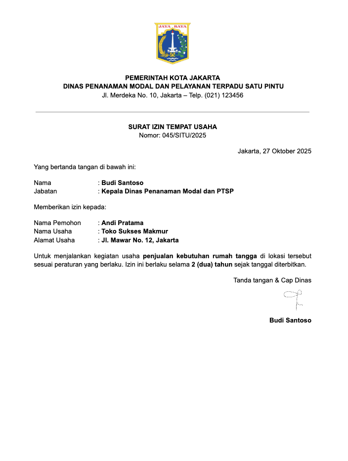 Contoh Surat Izin Tempat Usaha