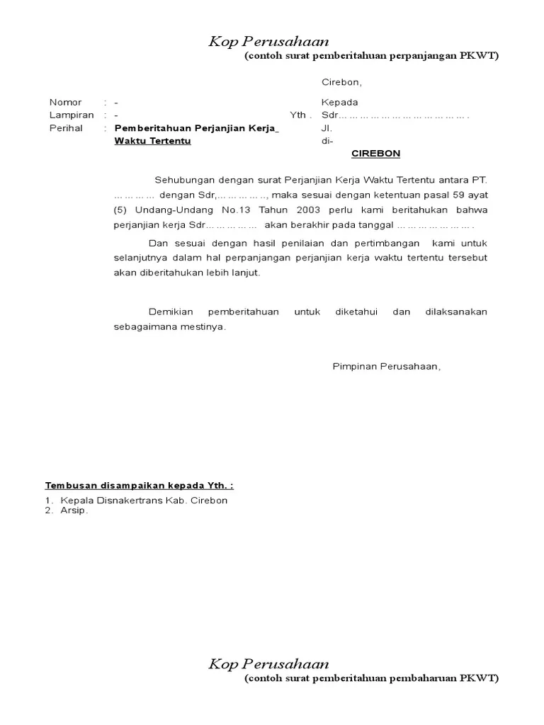 Contoh Surat PHK Karyawan Kontrak (PKWT) yang Berakhir