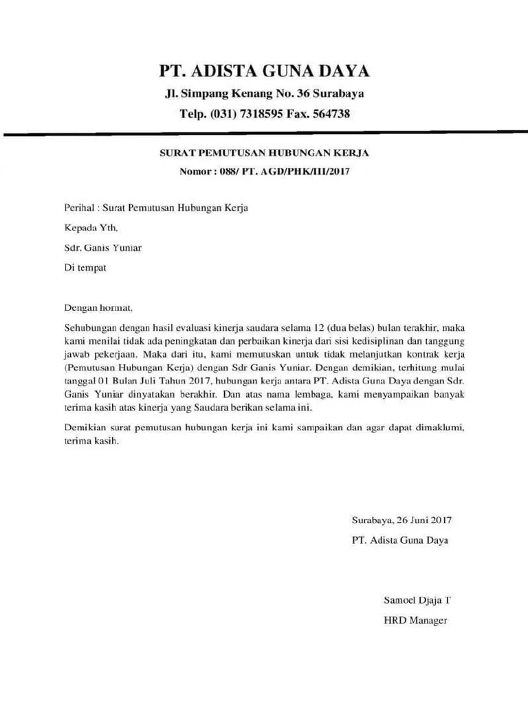 Contoh Surat PHK Karyawan Masa Percobaan