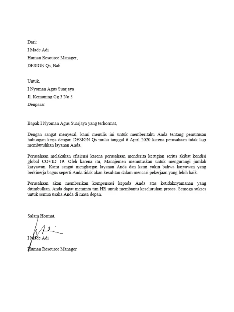 Contoh Surat PHK karena Efisiensi