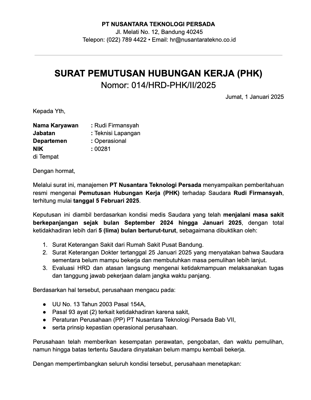 Contoh Surat PHK karena Tidak Mampu Bekerja Setelah Sakit Berkepanjangan&nbsp;