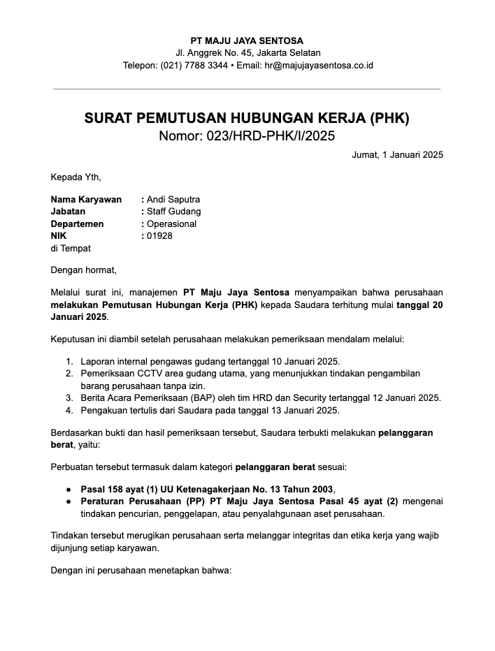 Contoh Surat Pemecatan Karyawan karena Mencuri