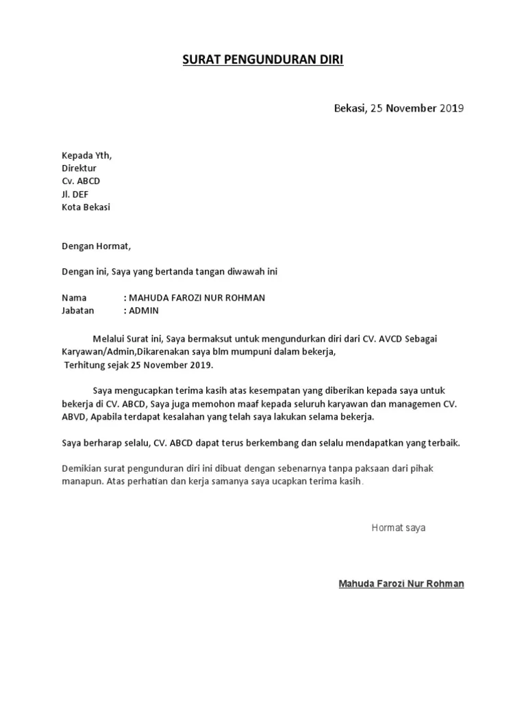 Contoh Surat Pemutusan Hubungan Kerja karena Mengundurkan Diri