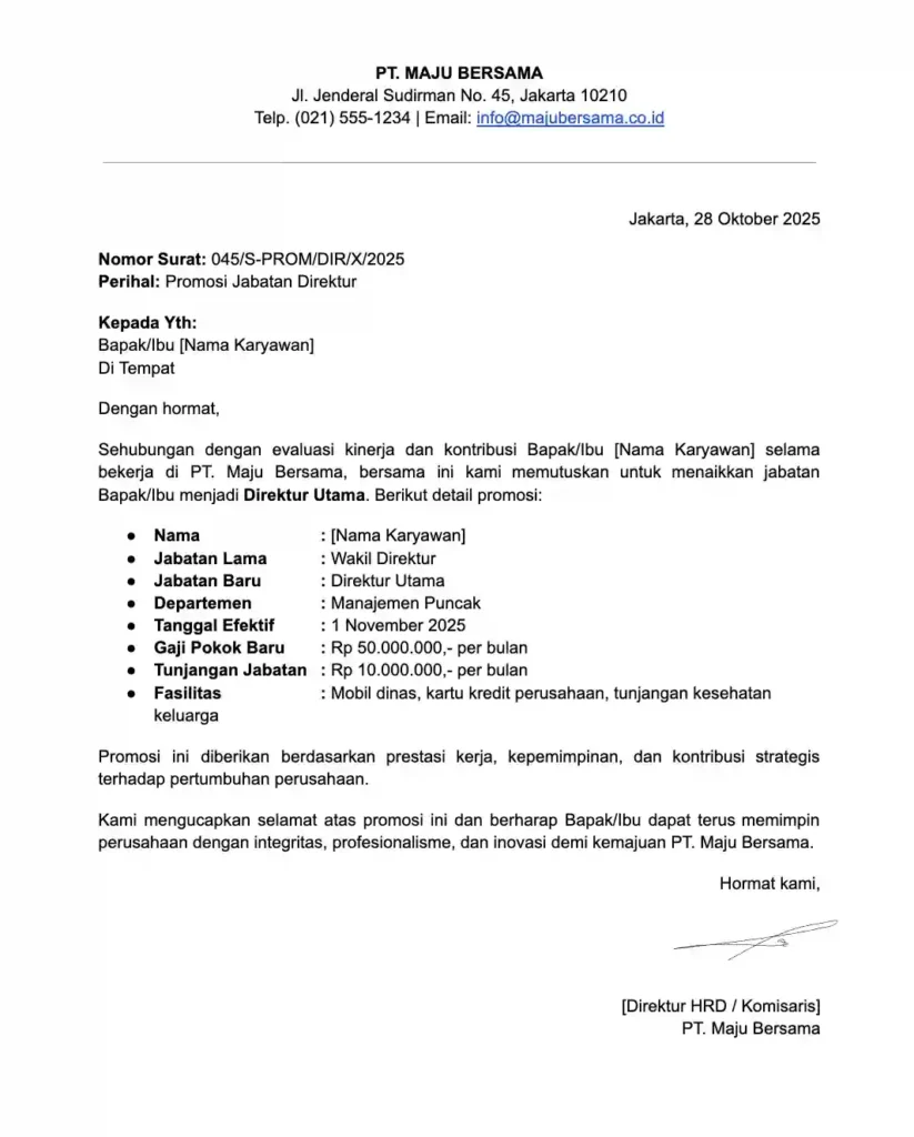 Contoh Surat Promosi Jabatan Direktur