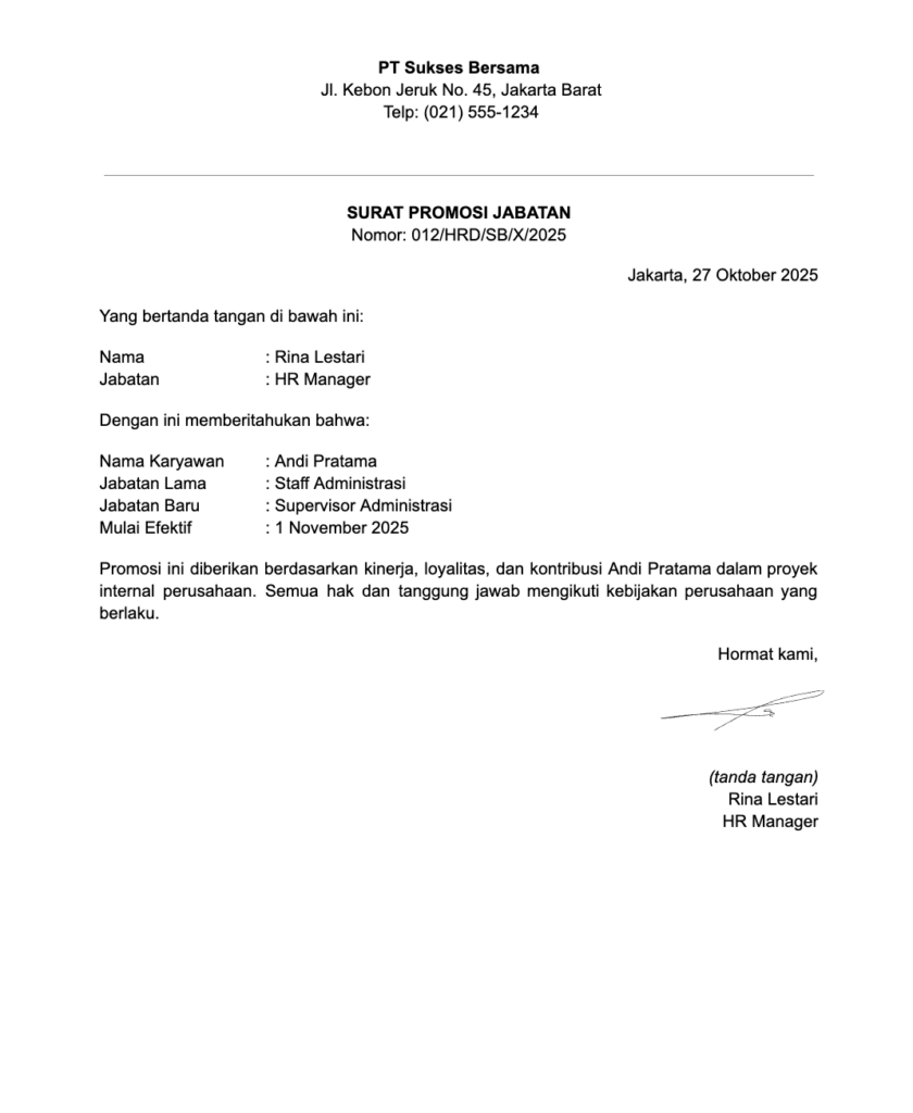 Contoh Surat Promosi Jabatan Swasta