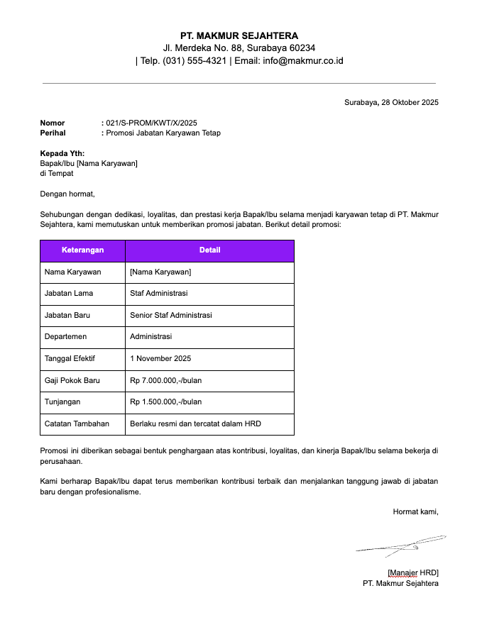 Contoh Surat Promosi Jabatan Karyawan Tetap