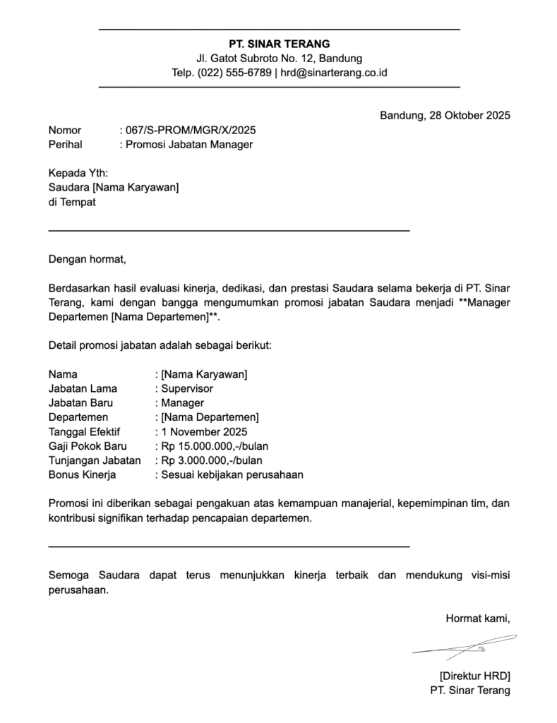 Contoh Surat Promosi Jabatan Manager