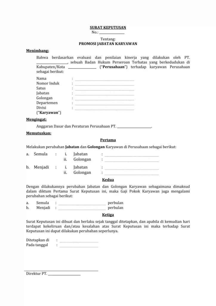 Contoh Surat Promosi Jabatan dengan Penilaian Kinerja