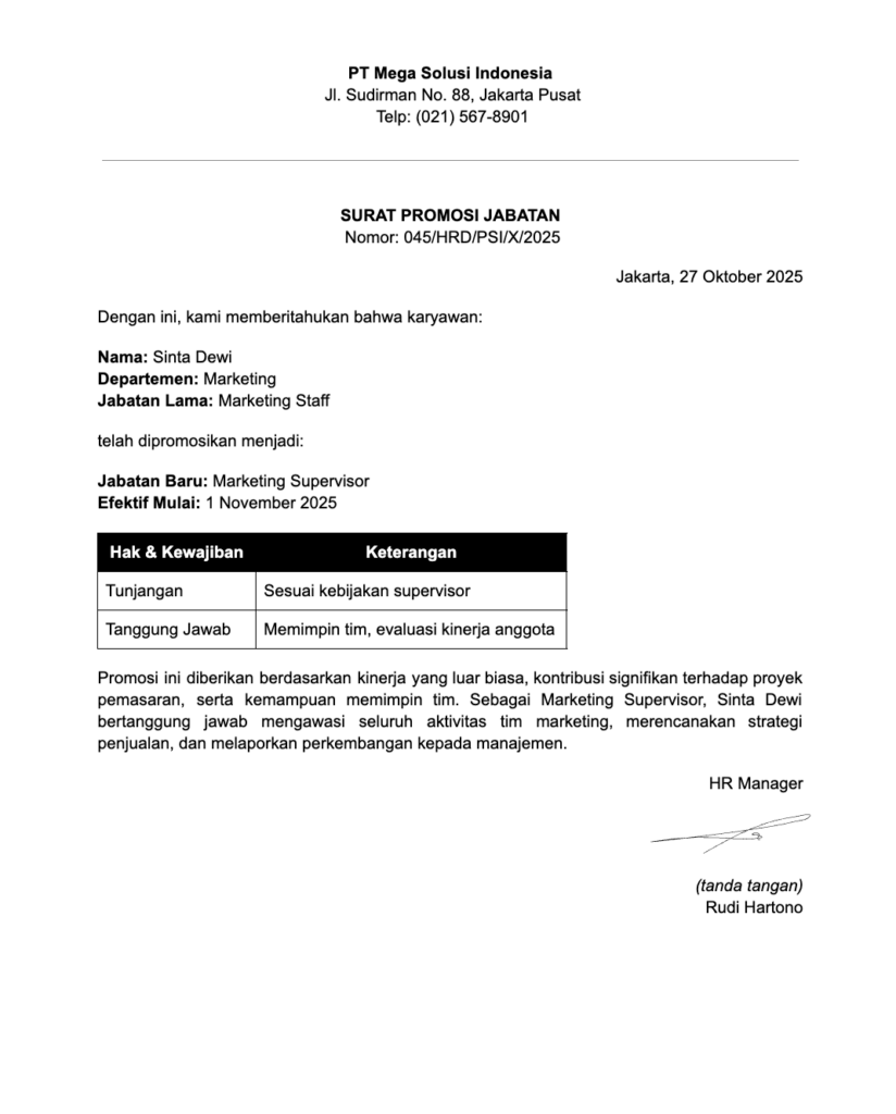 Contoh Surat Promosi Jabatan di Perusahaan