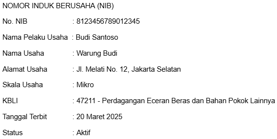 Contoh NIB Perorangan