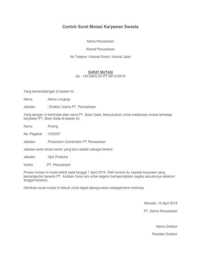 Contoh Surat Mutasi Kerja