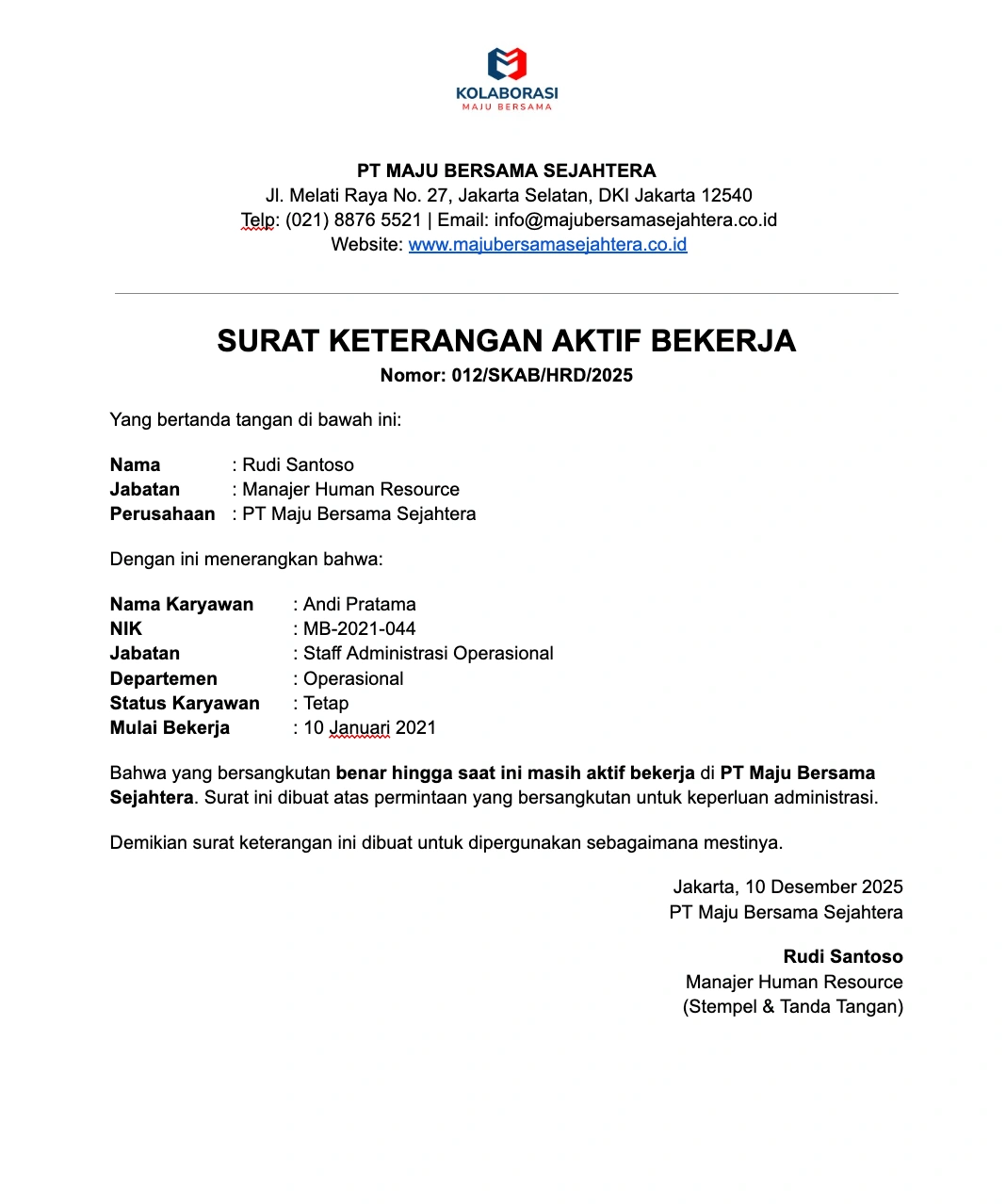 Contoh Surat Keterangan Aktif Bekerja PDF