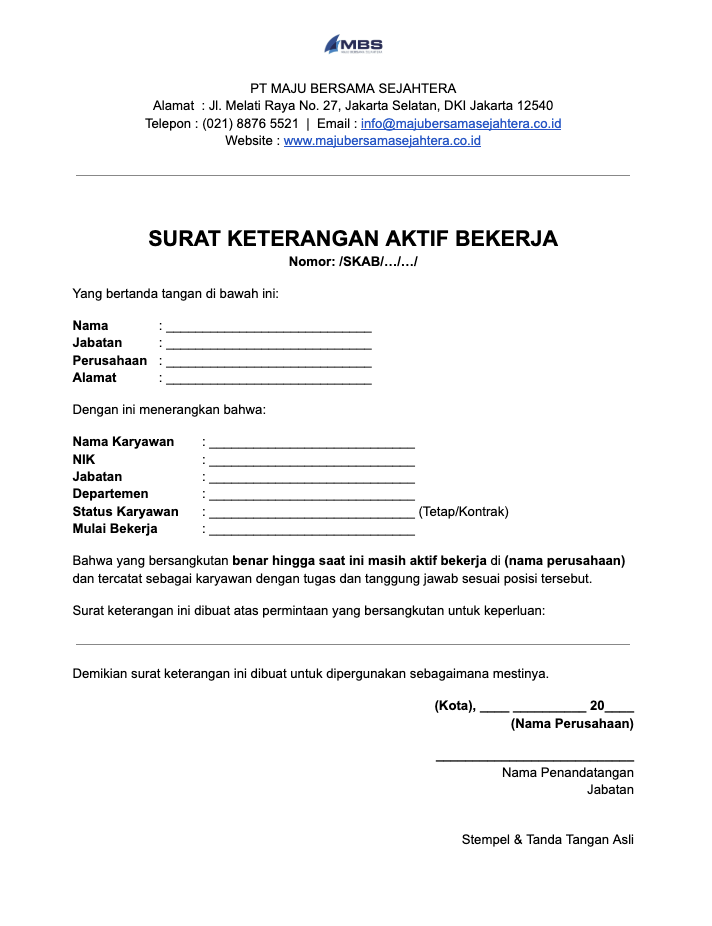 Contoh Surat Keterangan Aktif Bekerja Word
