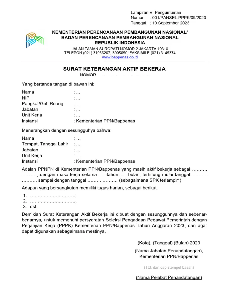 Contoh Surat Keterangan Aktif Bekerja di Instansi Pemerintah