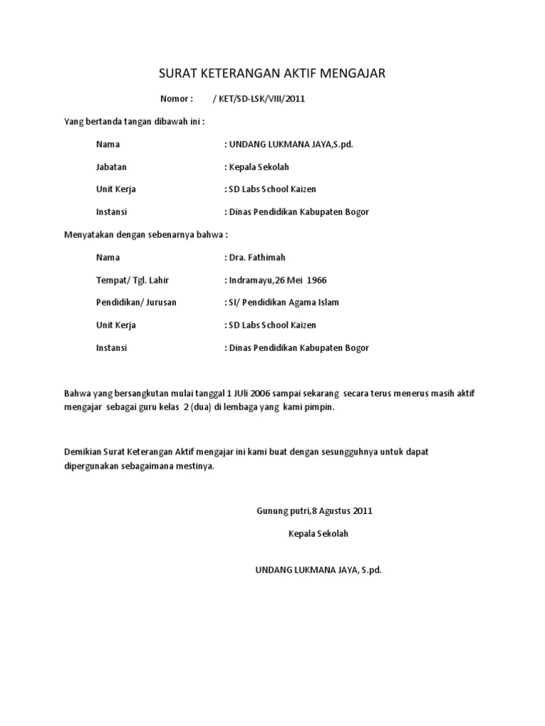 Contoh Surat Keterangan Aktif Bekerja di Sekolah