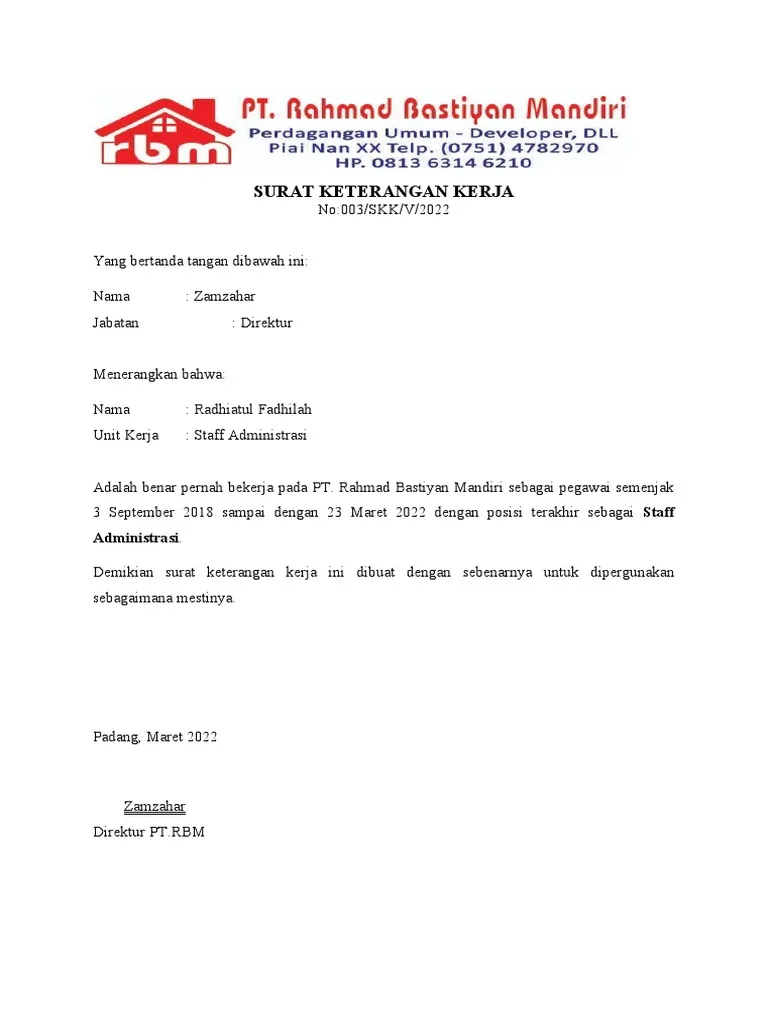 Contoh Surat Keterangan Aktif Bekerja untuk Keperluan Administrasi Umum