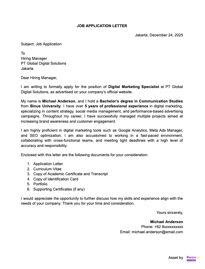 Contoh Surat Lamaran Kerja Bahasa Inggris