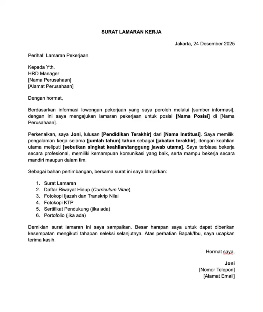 Contoh Surat Lamaran Kerja Formal