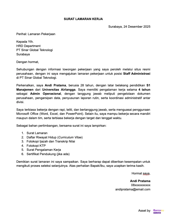 Contoh Surat Lamaran Kerja Word