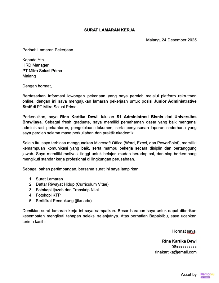 Contoh Surat Lamaran Kerja Fresh Graduate