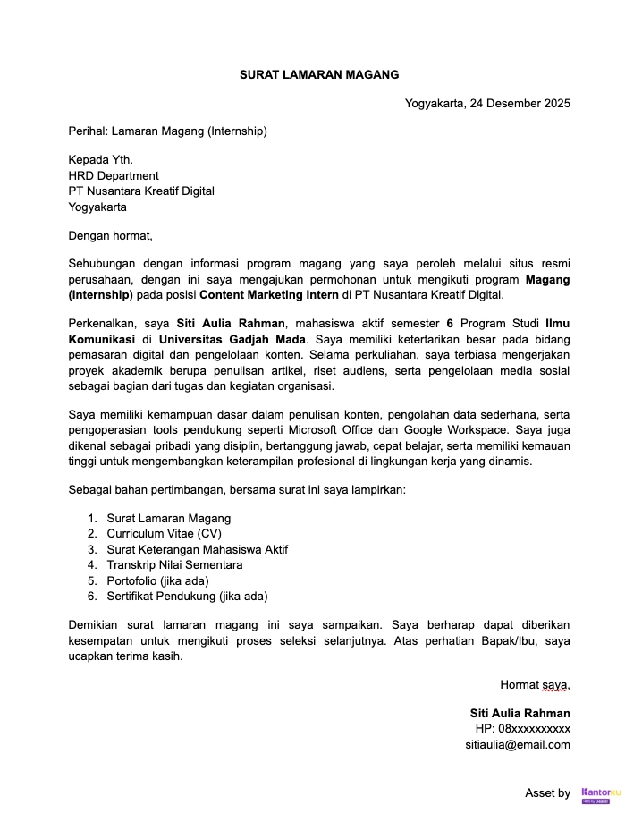 Contoh Surat Lamaran Kerja Magang