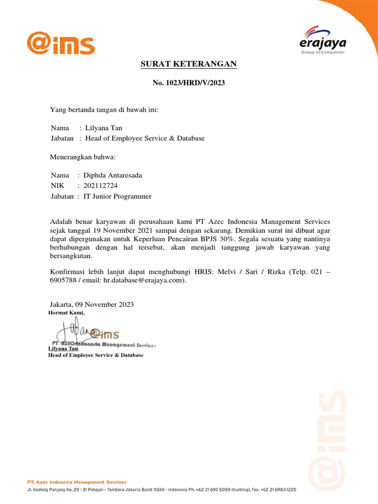 Contoh Surat Keterangan Aktif Bekerja untuk Pencairan BPJS