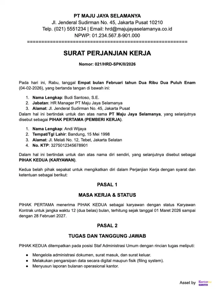 Contoh Surat Perjanjian Kerja