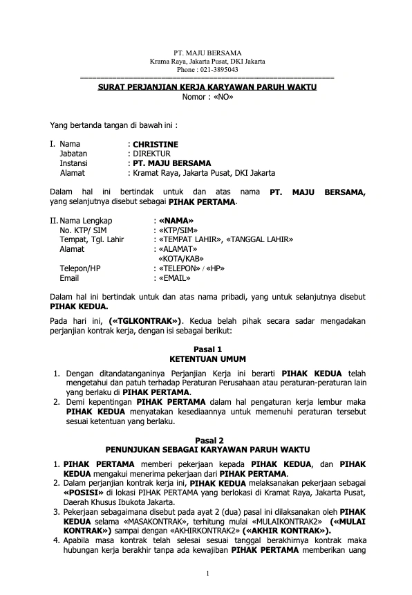 Contoh Surat Perjanjian Kerja PPPK Paruh Waktu