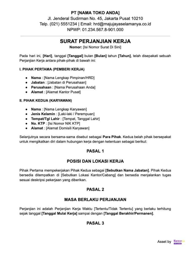 Contoh Surat Perjanjian Kerja Word