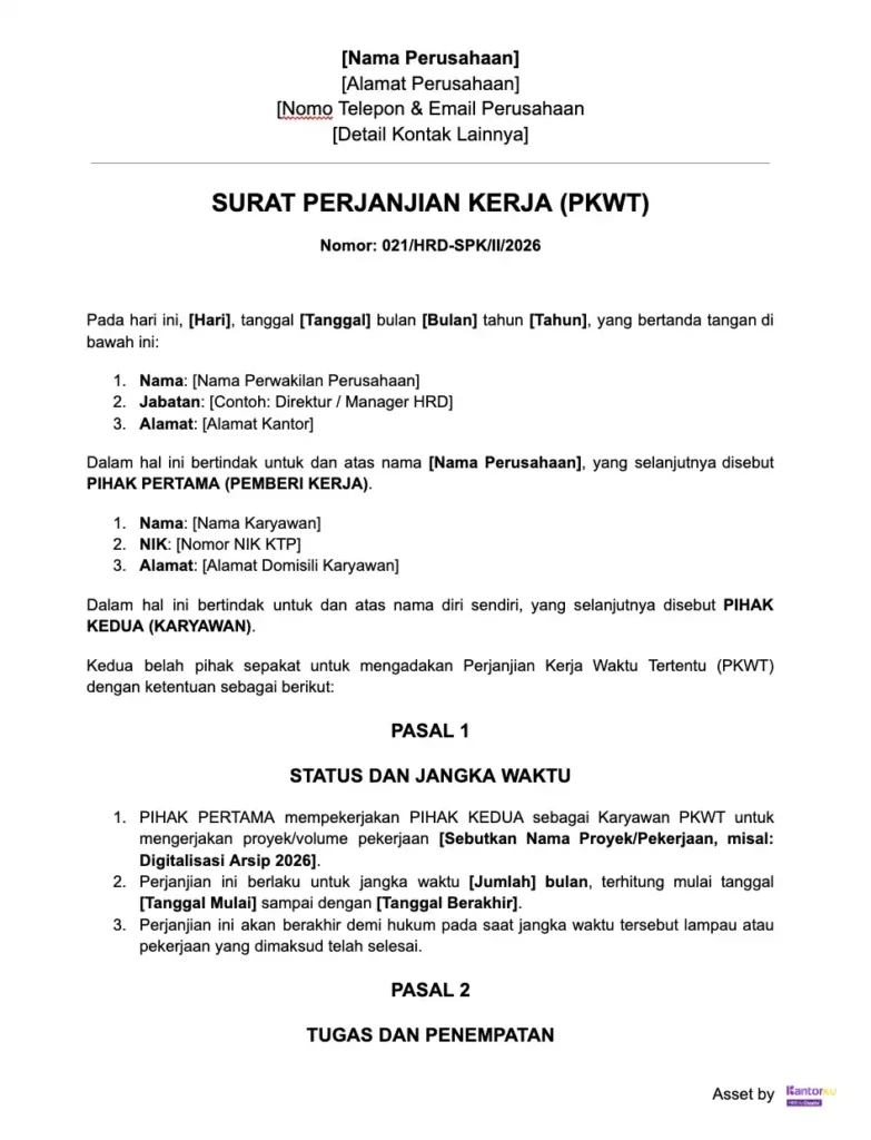 Contoh Surat Perjanjian Kerja PKWT