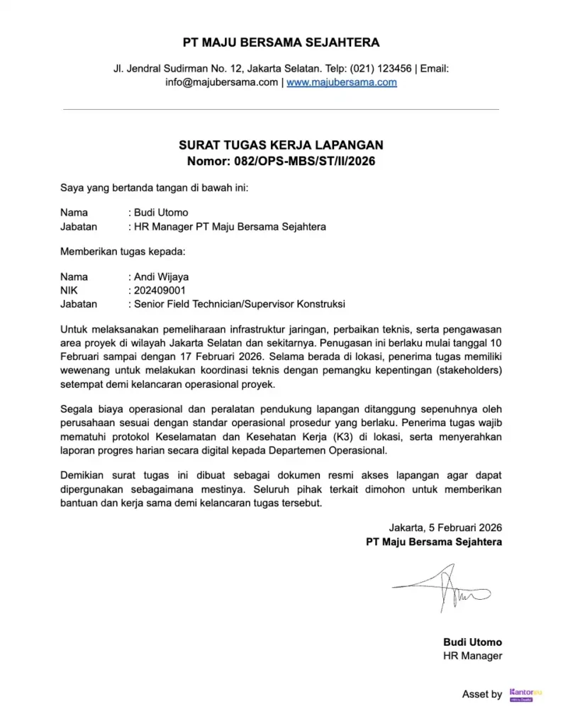 Contoh Surat Tugas Kerja Lapangan