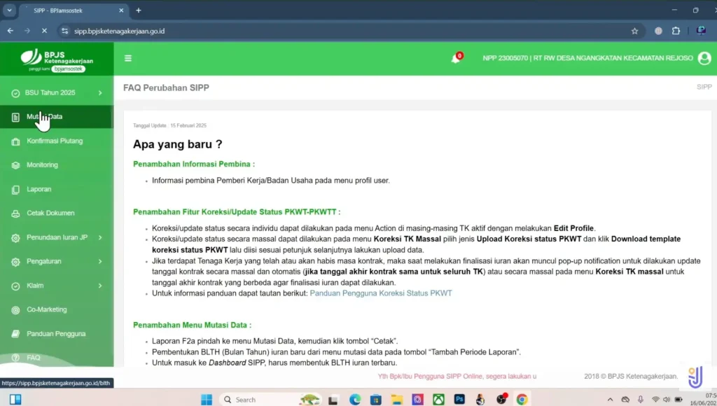 Masuk ke Menu Mutasi Data
