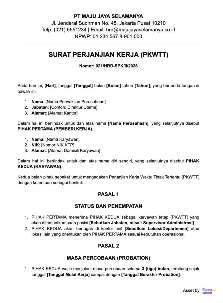 Contoh Surat Perjanjian Kerja PKWTT