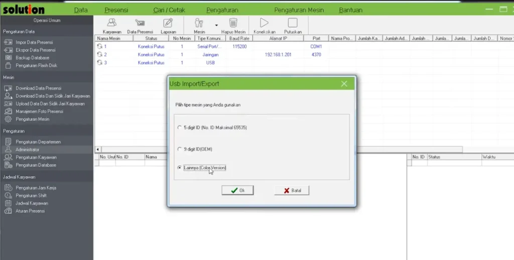 Tampilan Jendela USB Import/Export