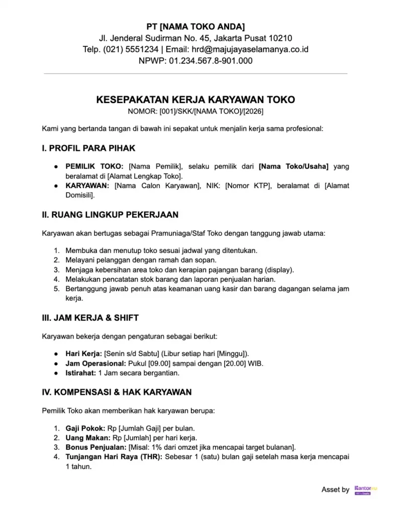Contoh Surat Perjanjian Kerja Karyawan Toko